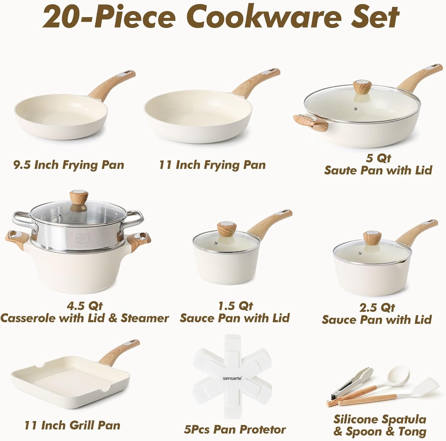 SENSARTE 20-Piece Ceramic Cookware Set - Nonstick Induction Pots & Pans | Healthy, Non-Toxic Design