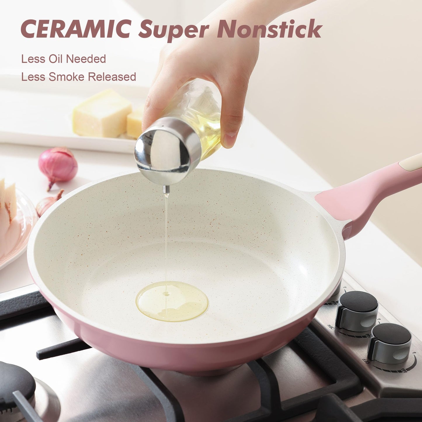 SENSARTE Nonstick Ceramic Frying Pan with Lid 9.5 Inch Omelet Pan Skillet, Free of Intentionally Added PFAS/PTFE Non-toxic Chef's Pan Induction Compatible Pan, Heat Resistant Handle, Sakura Pink