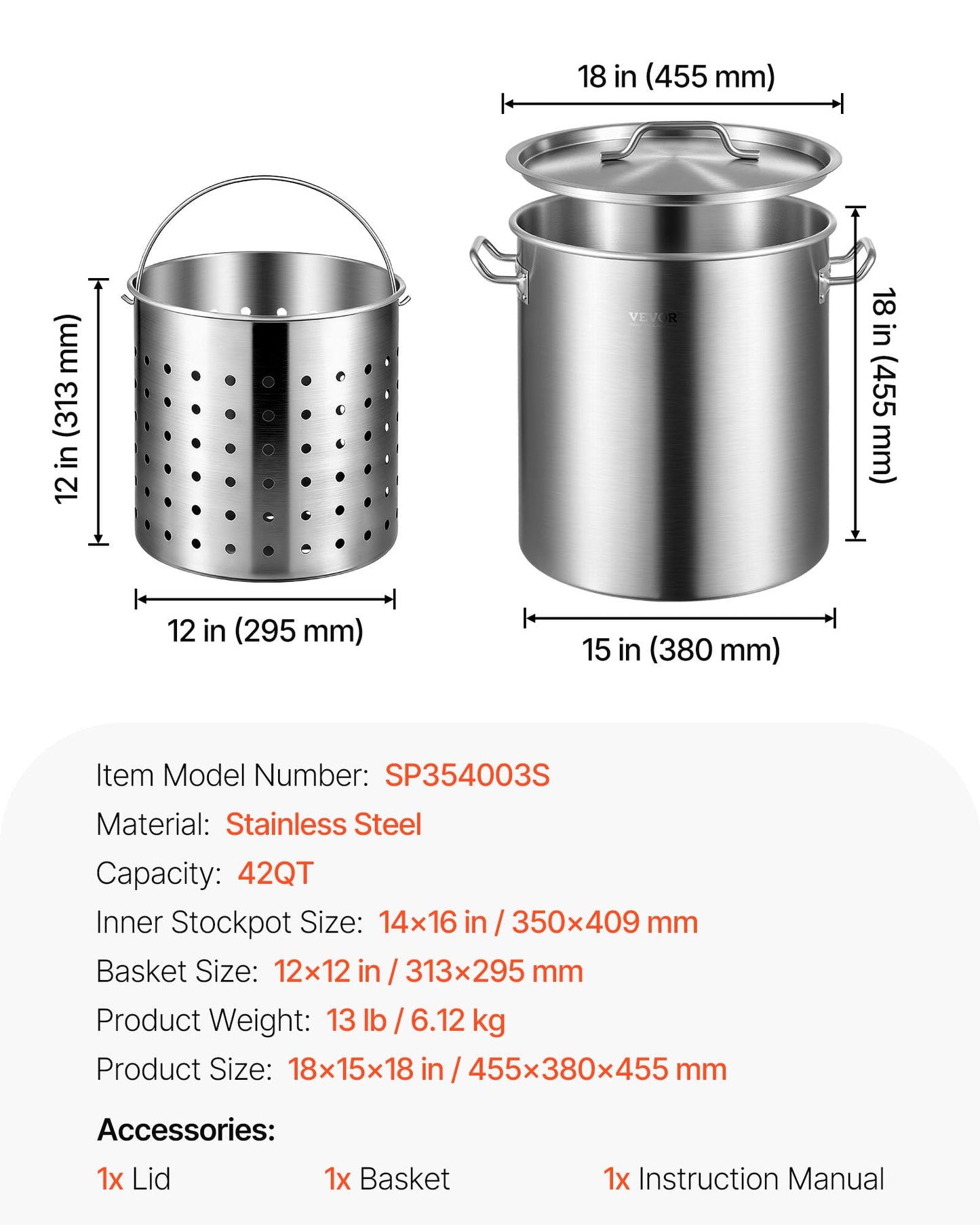 VEVOR Stainless Steel Stockpot, 42 Quart Large Cooking Pots, Cookware Sauce Pot with Strainer, Lid, and Handle, Heavy Duty Commercial Grade Stock Pot, Sanding Treatment, for Large Groups Events Silver