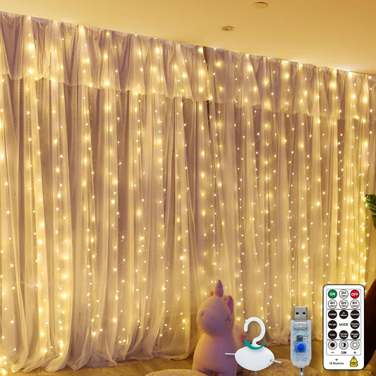 Skiennix Warm White Curtain Light - 300 LED Fairy String Lights | 9.8ft x 9.8ft with Remote & Hooks