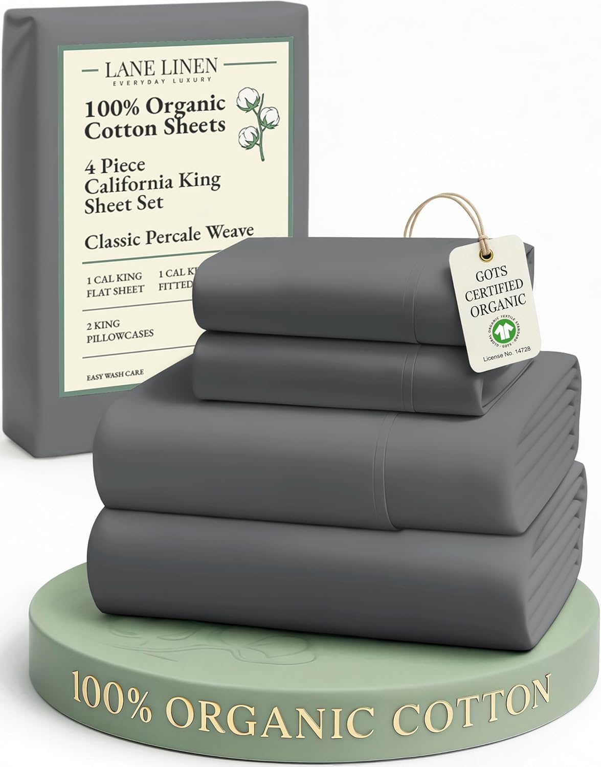 LANE LINEN 100% Organic Cotton California King Sheet Set - Fully Elasticized & Machine Washable | Charcoal Color
