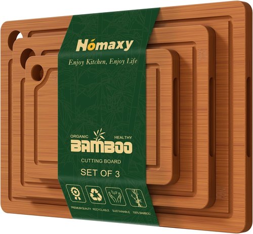 Homaxy Bamboo Cutting Board Set - 3 Wooden Boards with Non-Slip Mat & Deep Juice Groove | Ideal for Meat, Fruits & Vegetables