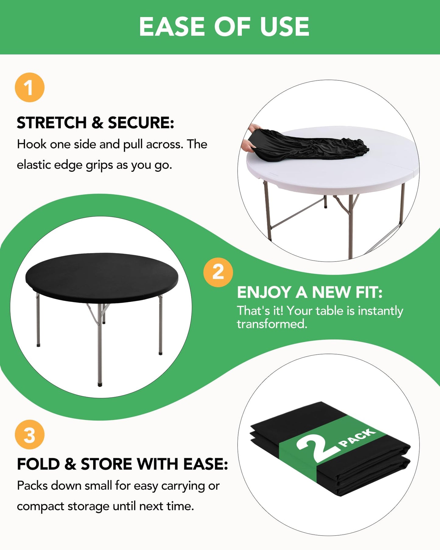 KeyWave Round Fitted Table Covers - 40-44 Inch Spandex Water-Resistant Tablecloth with Elastic, 2 Pack Circle Table Cloths for Kitchen Dining Room, Black