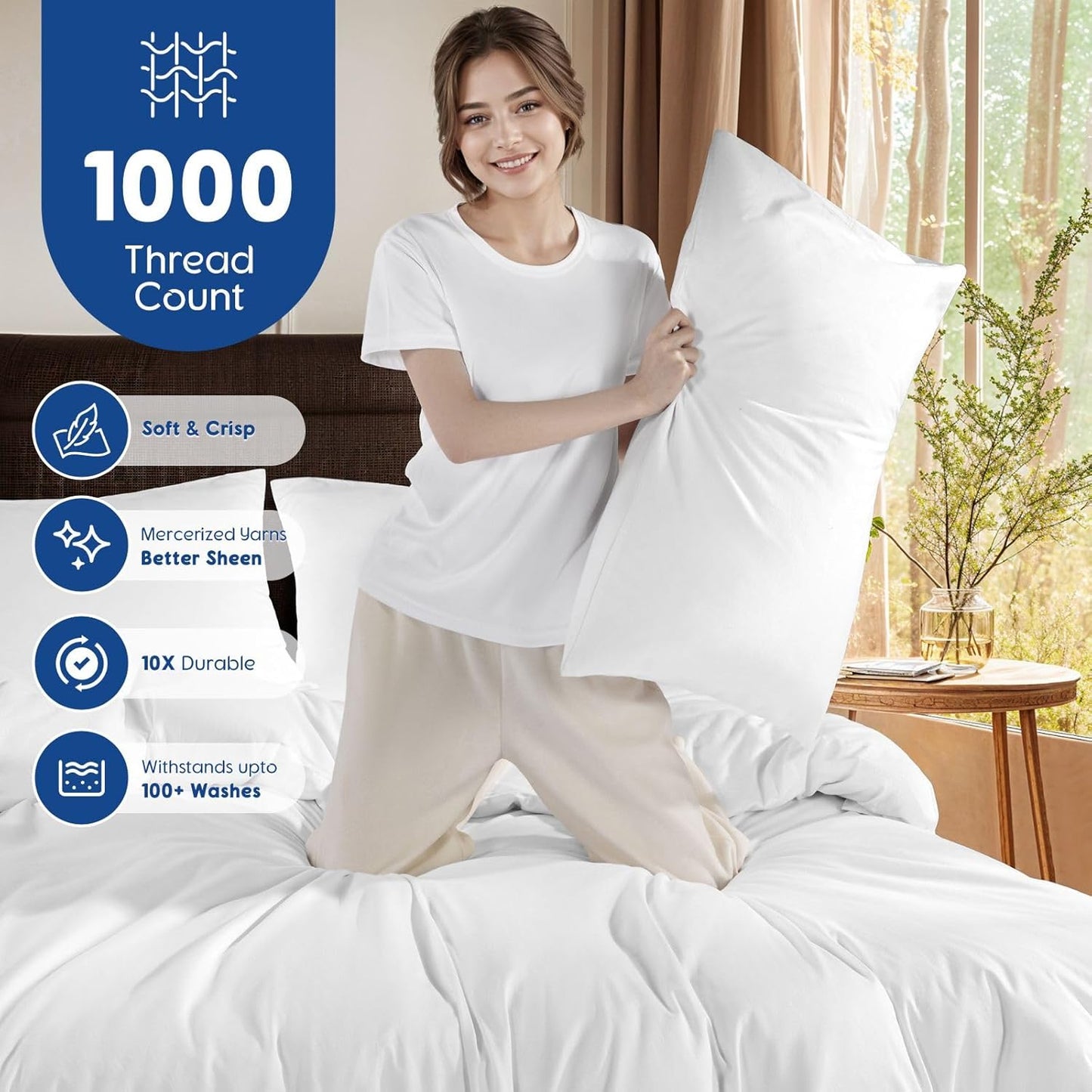 SONORO KATE 100% Egyptian Cotton Duvet Cover | Soft & Breathable 1000 Thread Count - Queen Size, White, 3 PC