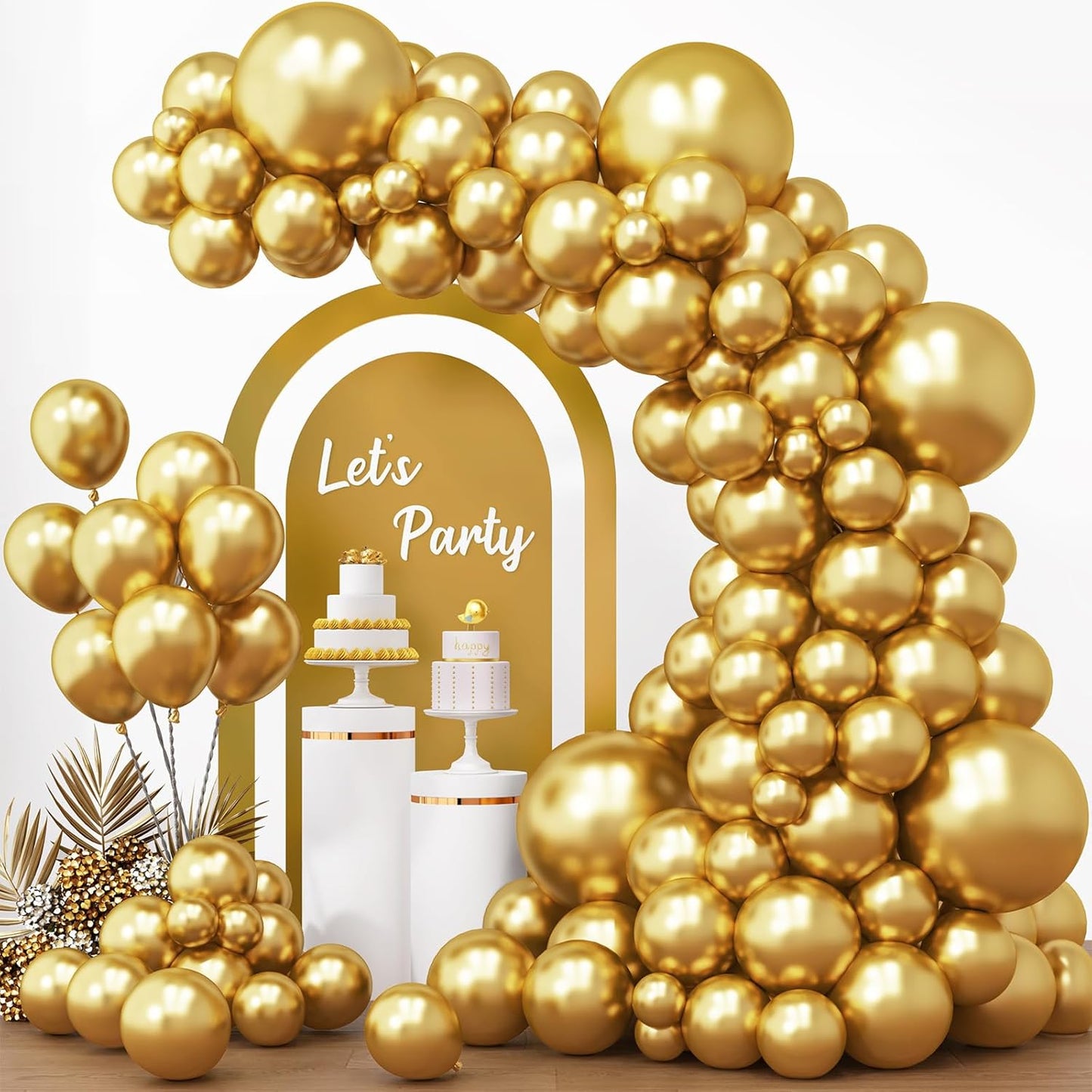 RUBFAC Metallic Gold Balloons - 154pcs Latex Balloon Garland Kit for Birthday, Graduation & Wedding Decor | 5-18 Inch Sizes