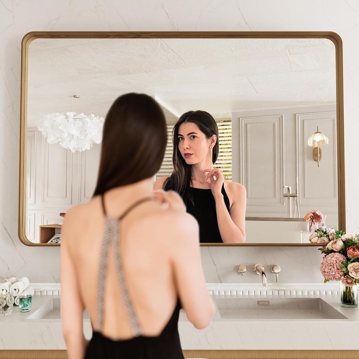 LOAAO Bathroom Mirror - 55x36 Inch Rounded Rectangle with Wood Grain Metal Frame | Anti-Rust, Versatile Hanging Options