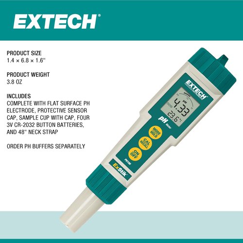 Extech PH100 Waterproof ExStik II pH Meter Kit with Flat Surface Electrode and Temperature Display