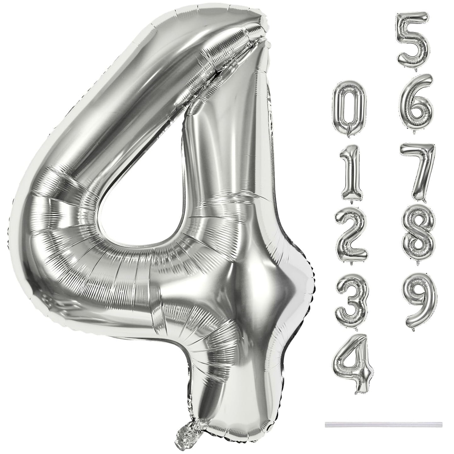 Silver Number Balloons, 40inch Large Number 4 Foil Helium Balloons for Girls Women, Self Inflating Number Balloons 0-9 for Men Boys 4th 14th 40th Birthday Anniversary Party Celebration Decoration