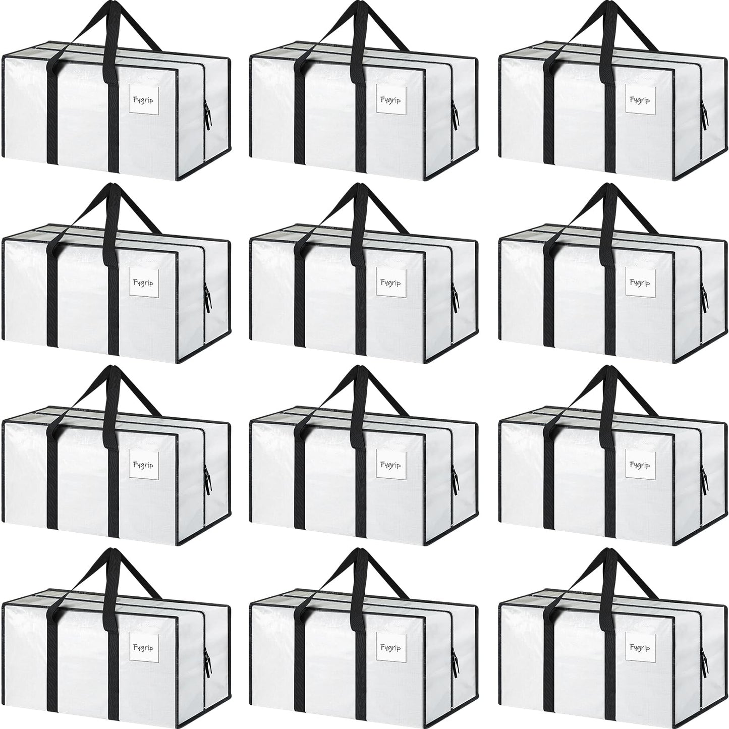 12 Pack Extra Heavy Duty Large Moving Bags with Strong Zipper & Comfortable Handles, Sturdy & Durable Clothes Storage Bags Totes Bins, Packing Moving Boxes for College Supplies, White