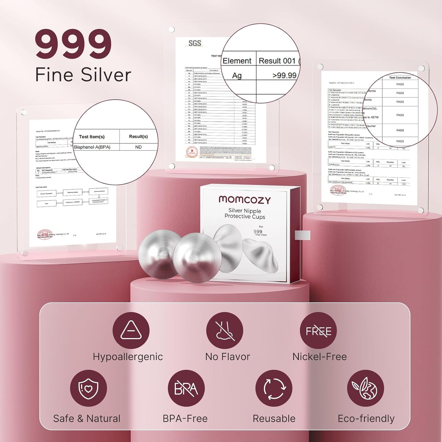Momcozy 999 Silver Nursing Cups - Hole-Free Nipple Shields for Breastfeeding | Regular Size