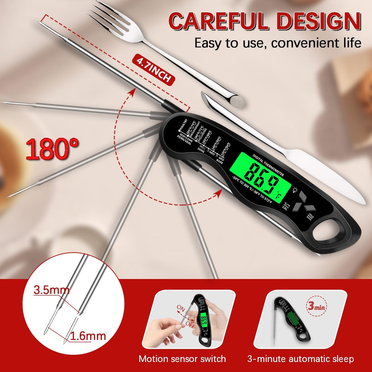 Meat Thermometer Digital，IP67 Waterproof Cooking Thermometer with Backlight, Calibration & Hold Function，Food Thermometer for Cooking,Outdoor Grilling
