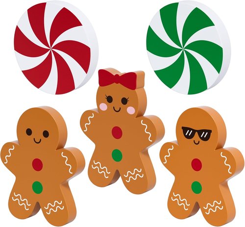 Gingerbread Christmas Decorations - 5 Pcs Wooden Candy Signs for Tiered Tray Decor | Home & Kitchen