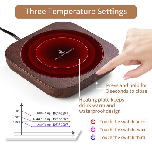 Coffee Mug Warmer with Auto Shut Off, 3 Temperature Settings, Brown Wood Grain Design, Electric Beverage Heater with Borosilicate Glass Panel, 54-Inch Cord, Fits Mugs, Teapots, and Cups