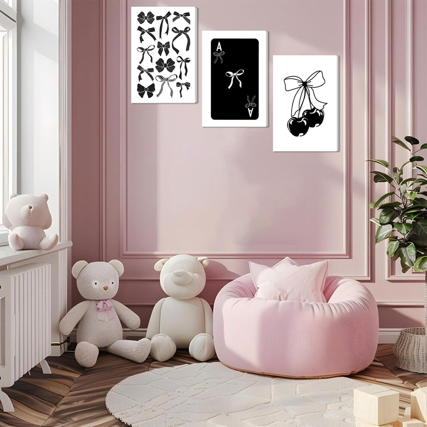 Kyiyhzp 3Pcs Fashion Black White Bow Canvas Wall Art Funky Aesthetic Cherry Poker Picture Painting Trendy Preppy Aesthetic Wall Decor Artwork for Girl Room Dorm Apartment Bedroom Decorations 16x24in