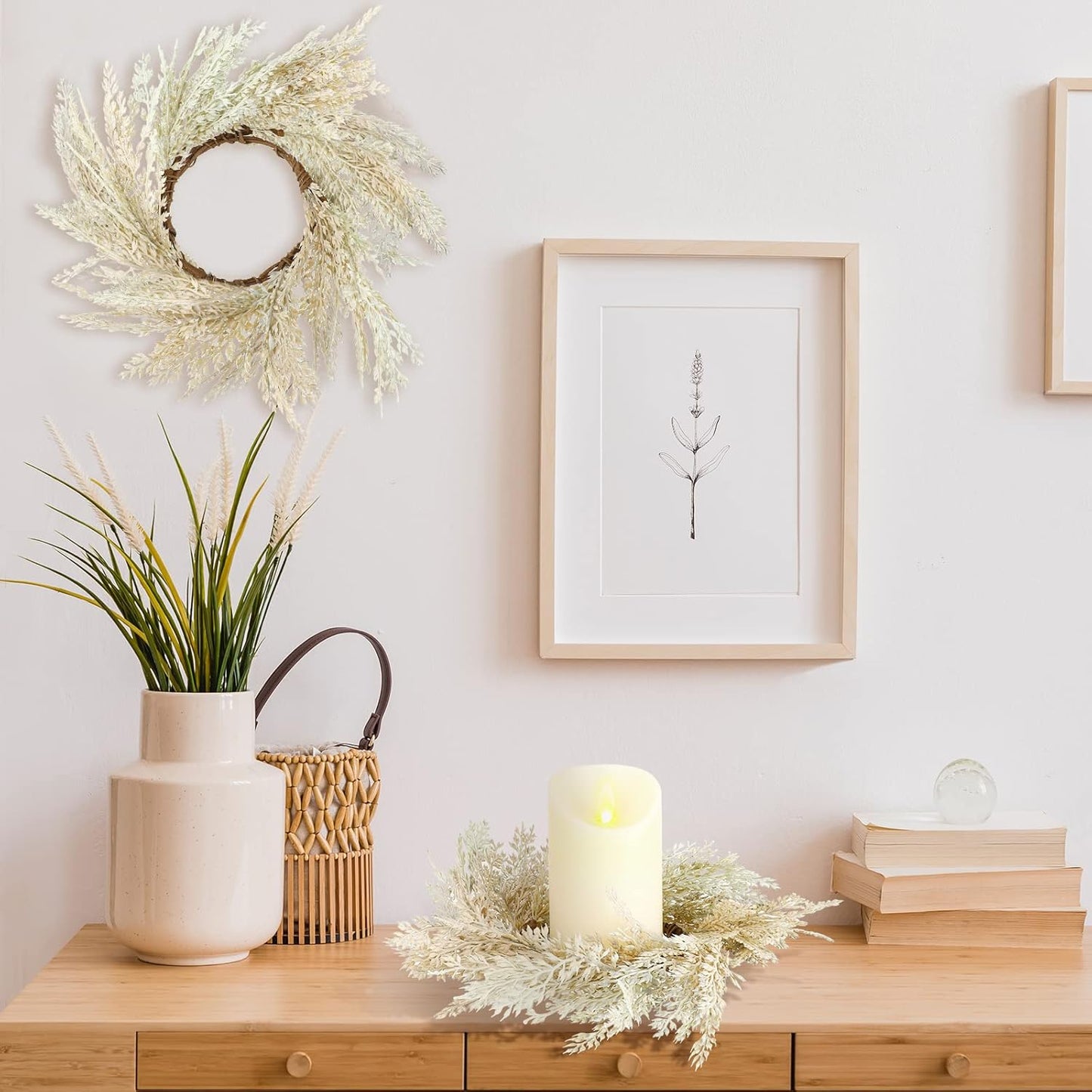 Panelee Pampas Grass Candle Rings - 4 Pcs Faux Greenery Wreaths for Boho Home Decor | 3.9 Inch