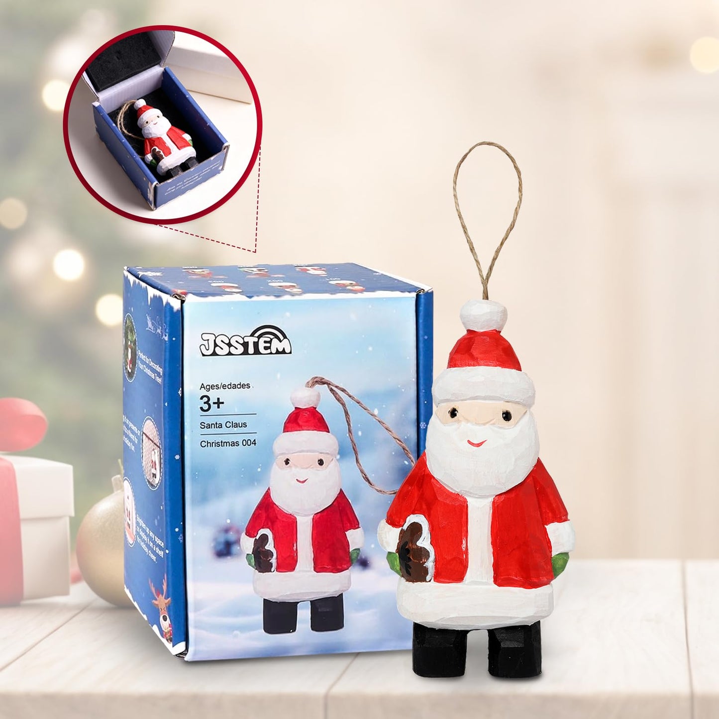 JSSTEM Wood Handmade Christmas Ornament, Rustic Holiday Tree Hanging Decoration, Hand Painted Wooden Figurine Gift for Home Décor(Santa Claus)