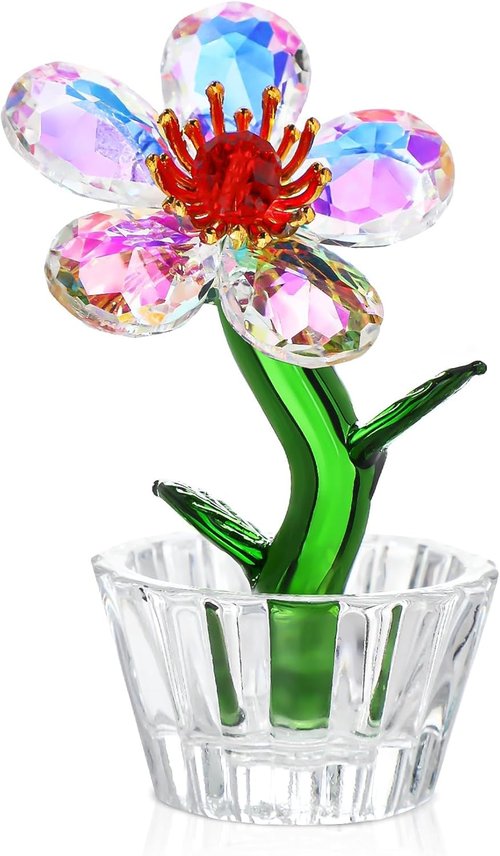 Crystal Peach Blossom Mini Ornament - Elegant Glass Flower Figurine for Home & Office Decor | 2.9 x 1.5 in