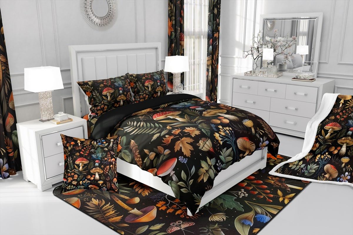 Feelyou Wild Mushroom Bed Comforters Set Twin Size,Burgundy Plant Fallen Leaves Super Soft Microfiber Bedding Set for Girls Boys,Botanical Plant Decorative Comforter Set,1 Pillowcase