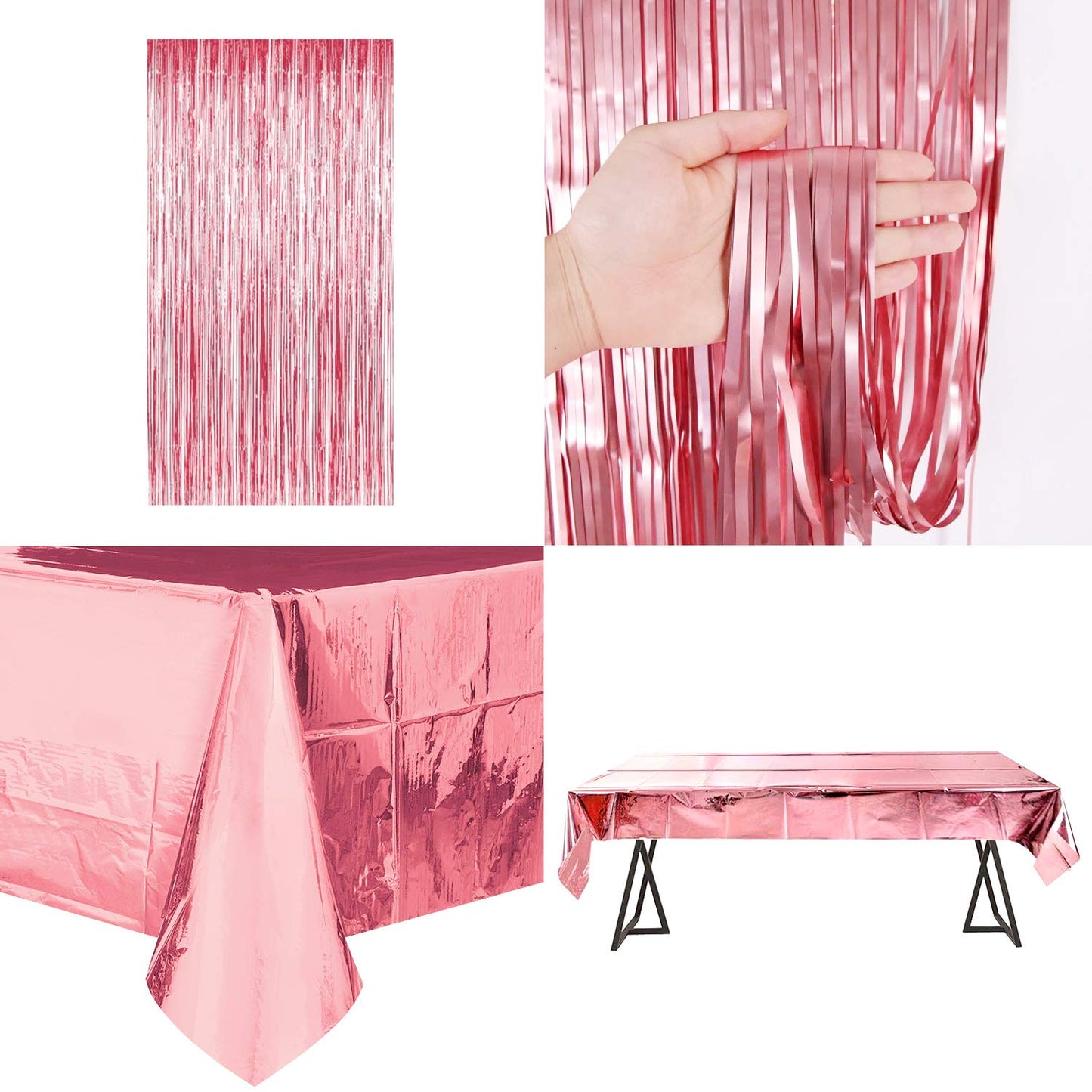 MOVINPE Pink Birthday Party Decoration, Happy Birthday Banner, Rose Gold Fringe Curtain, Foil Tablecloth, Heart Star Foil Confetti Balloons, 10g Table Confetti for Women Girl Birthday Party