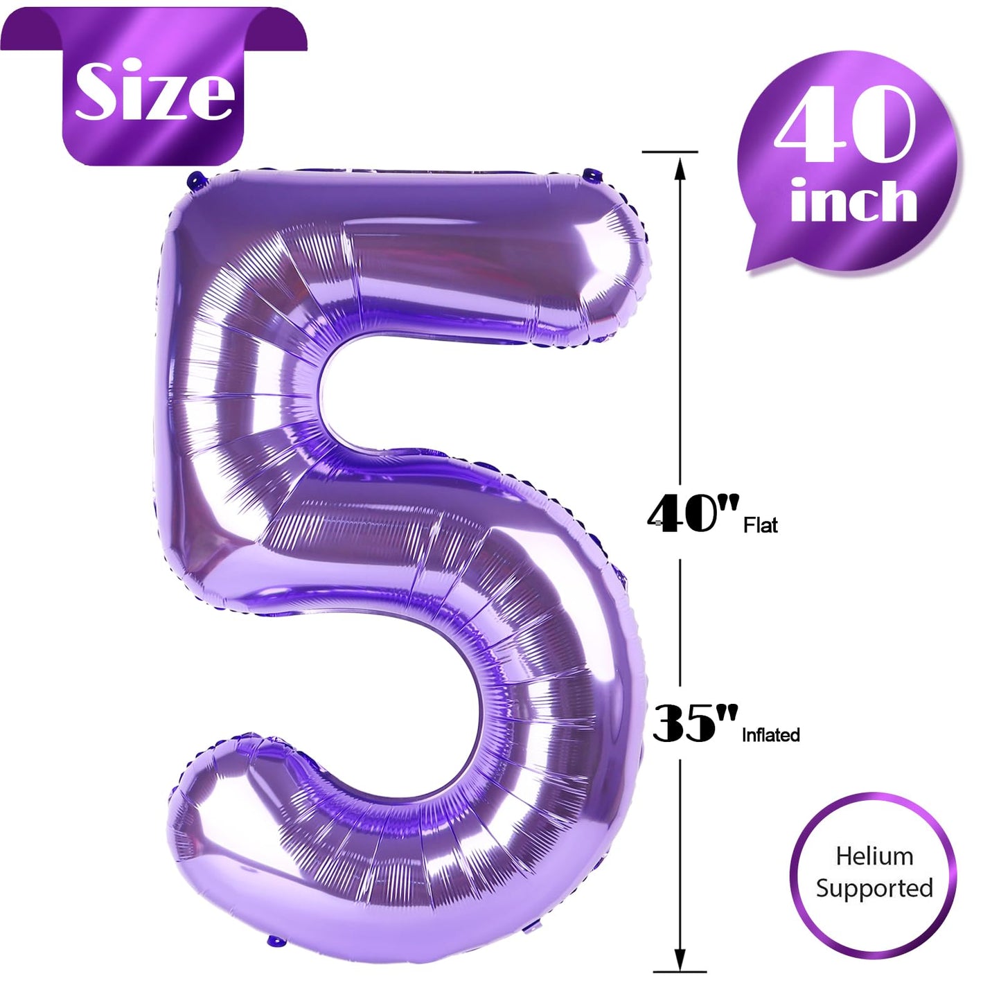 Purple 5 Balloon, Number Balloon 40 Inch, Purple Party Supplies, 5th Birthday Balloon Decorations, 5 Number Balloons, Number 5 Balloon