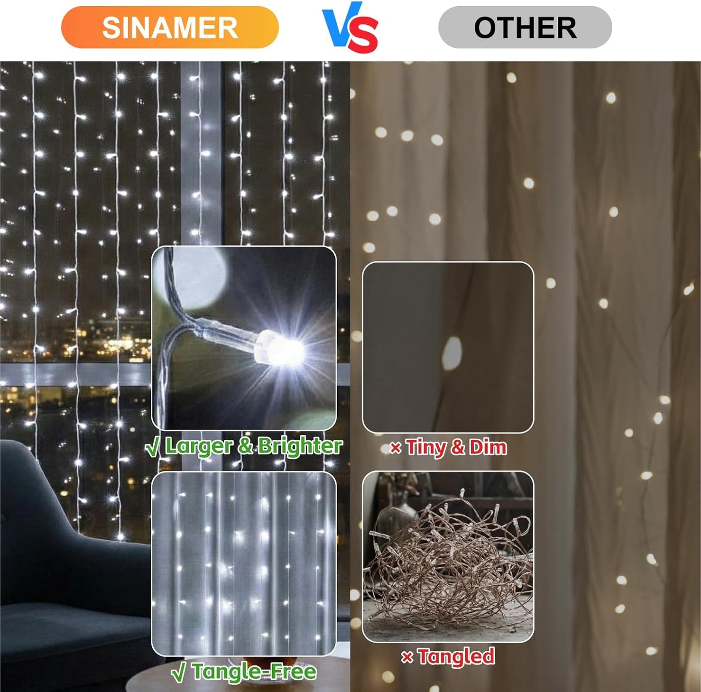Skiennix 200LED Fairy Curtain String Lights - 6.6x6.6ft White Indoor Decor | 8 Modes Remote Control