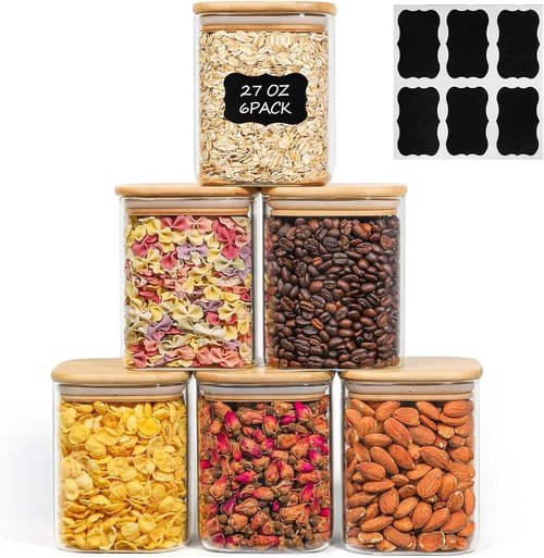 ComSaf Glass Food Storage Jars Set of 6 - Clear Airtight Containers for Pantry Organization | 0.8 Qt