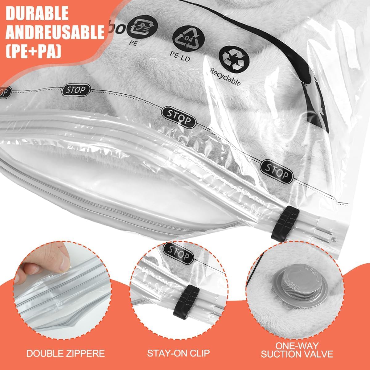 Skiennix Vacuum Storage Bags - Space Saver for Comforters & Blankets | 6 Medium Compression Bags with Hand Pump
