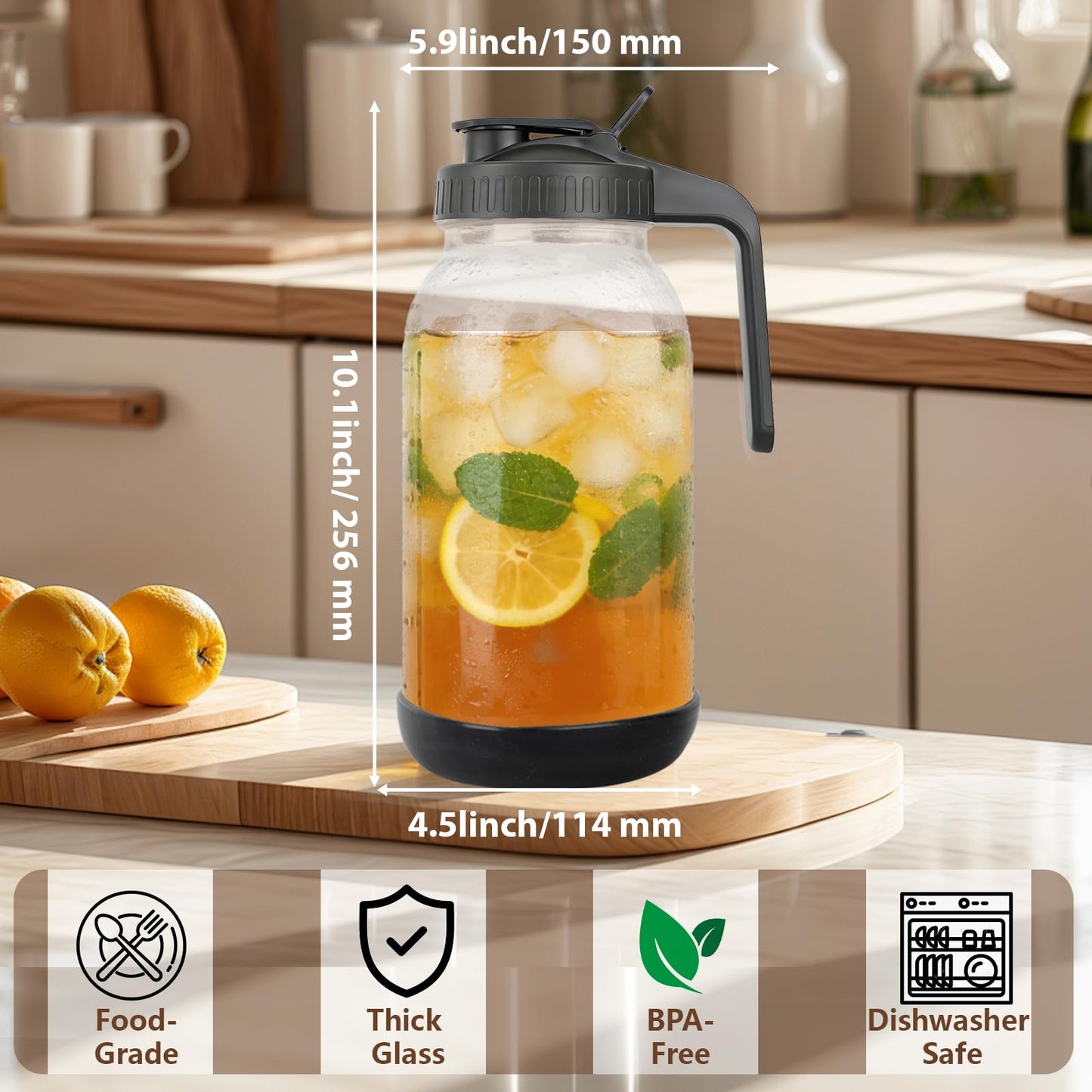 64 oz Glass Mason Jar Pitcher with Lid, Handle & Non-Slip Silicone Base, Food-Grade Leakproof & Airtight – 2-Quart Iced Tea Pitcher for Fridge, Breast Milk Storage, Sun Tea & Cold Brew (Black)