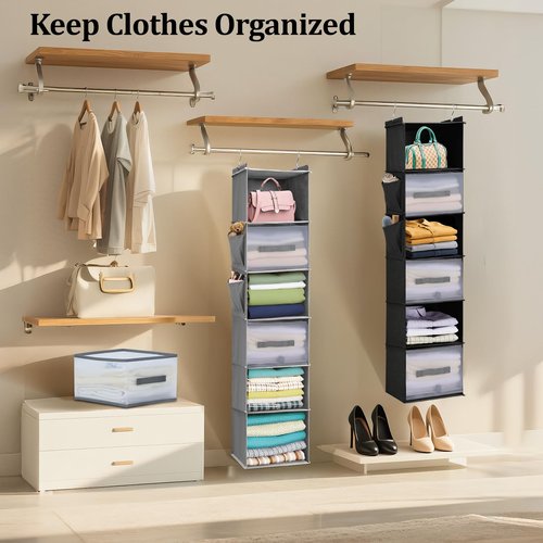 BIEBOS 6-Tier Hanging Closet Organizer with Drawers and Side Pockets – Versatile Closet Storage for Shoes, Hats, Belts, and Purses
