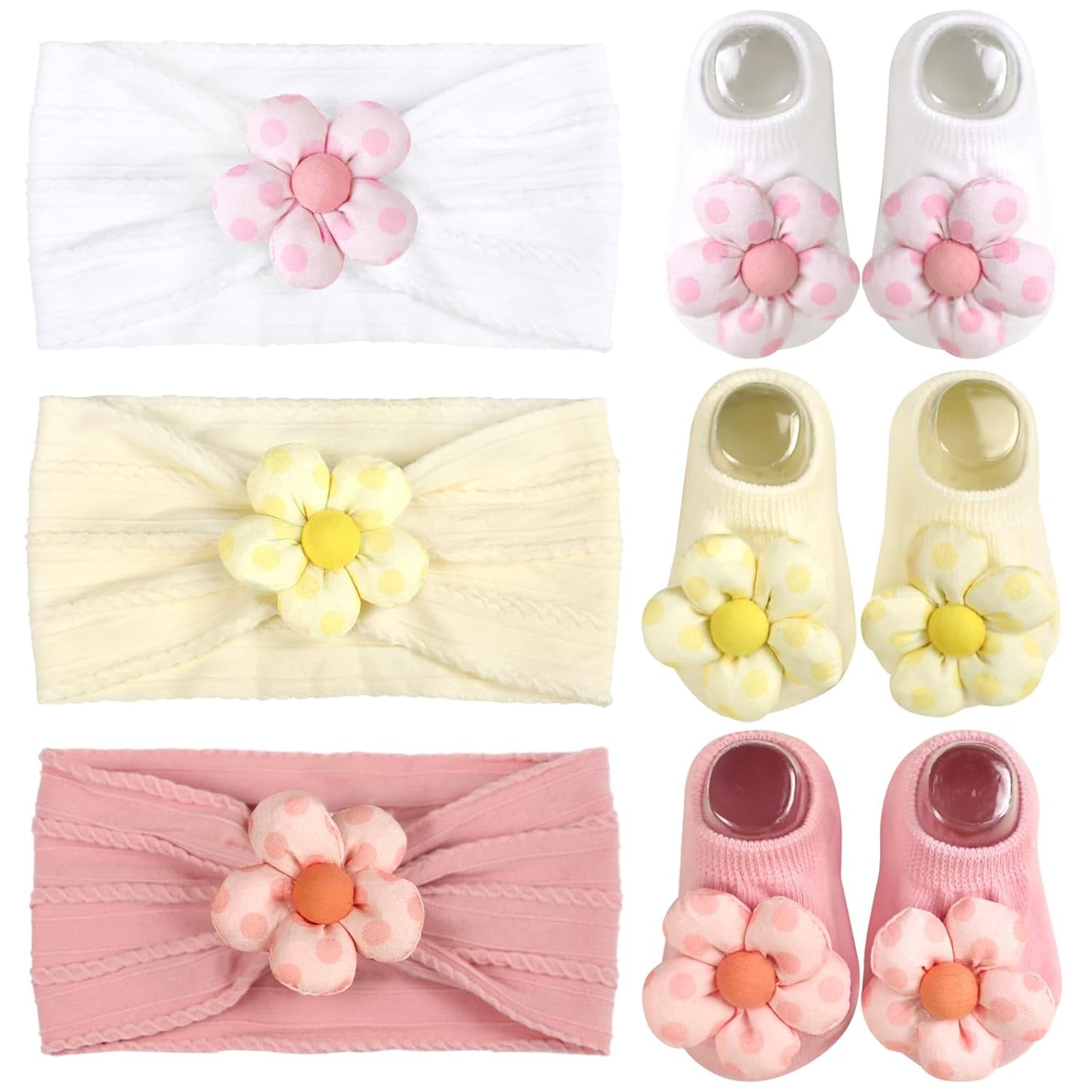 MIUXUESO Baby Girls' Headbands & Socks Set - Non-Slip Flower Hairbands & Cozy Socks | Pink, 6-12 Months