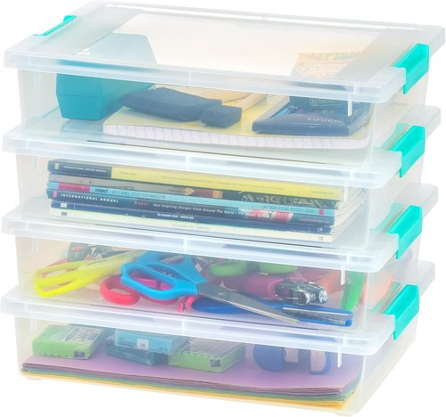 IRIS USA Craft Storage Bins - 6 Qt. Clip Box Organizer with Lids, 4-Pack | Stackable Clear & Seafoam Blue