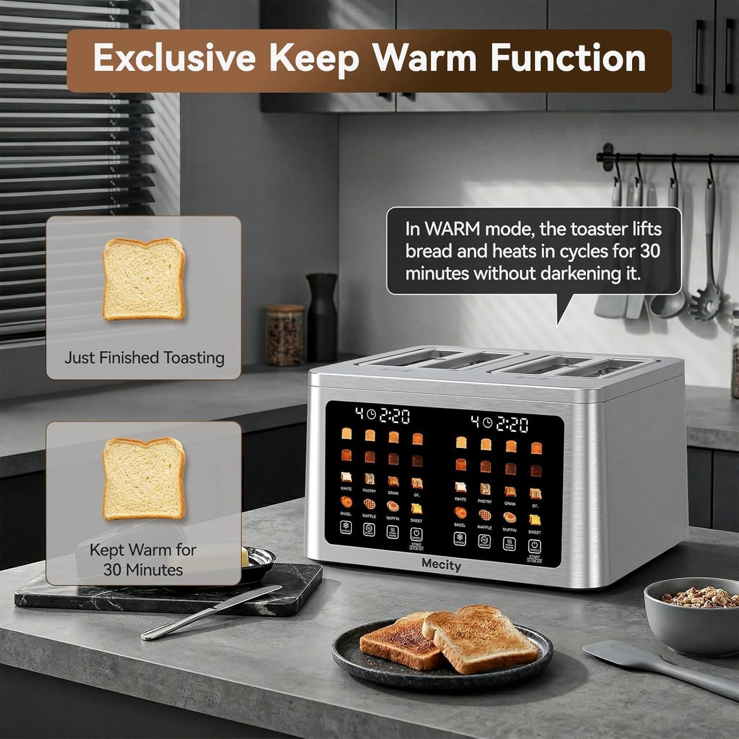 Mecity 4-Slice Toaster - Smart Touch Screen, Dual Control, Auto Shut Off | Perfect for Bagels & Gluten-Free Breads