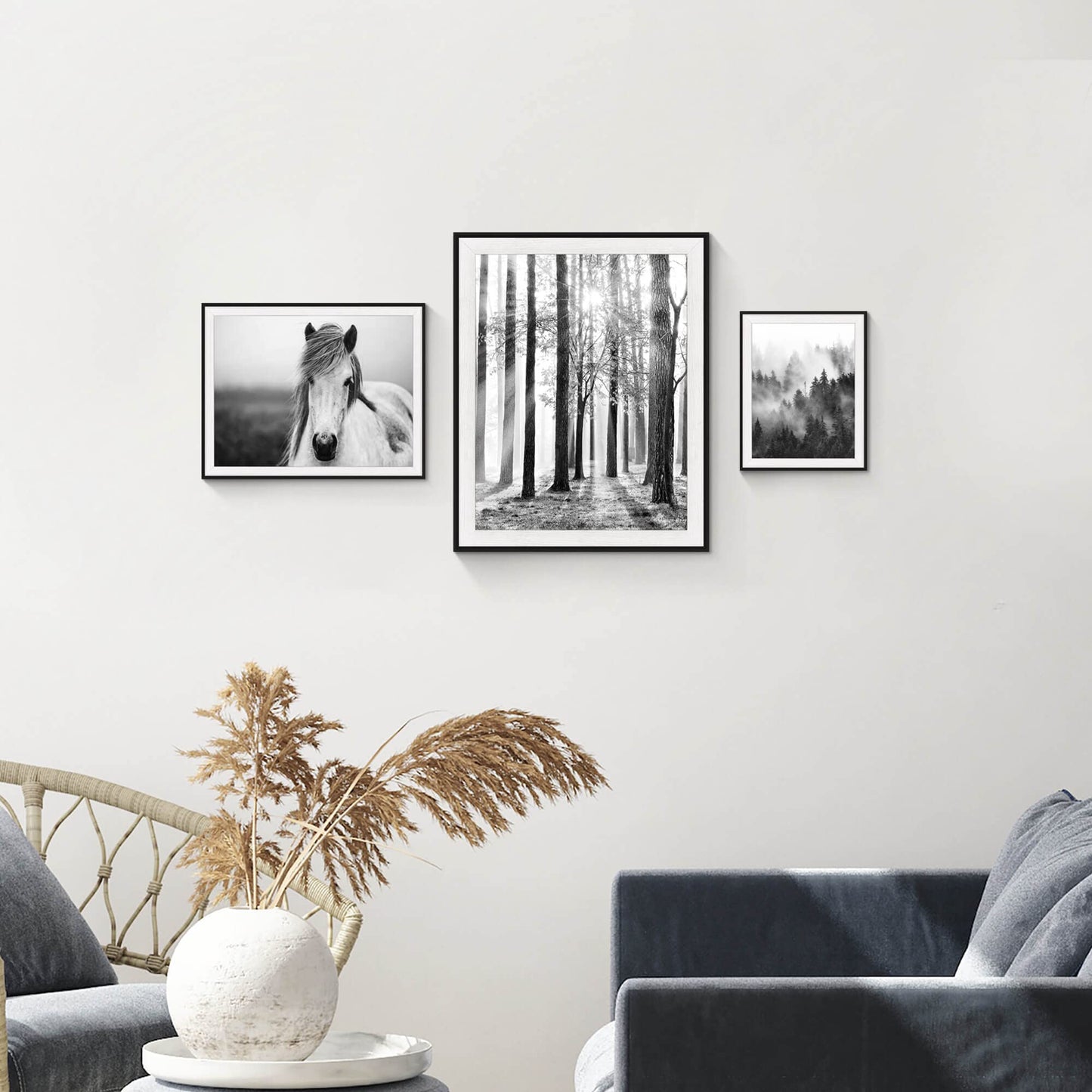 Forest Sunrise Pictures Framed Prints - Peaceful Landscape Scene and Elegant White Horse Wall Art Sets for Living Room, Bedroom, Office, Bathroom 3 Panels