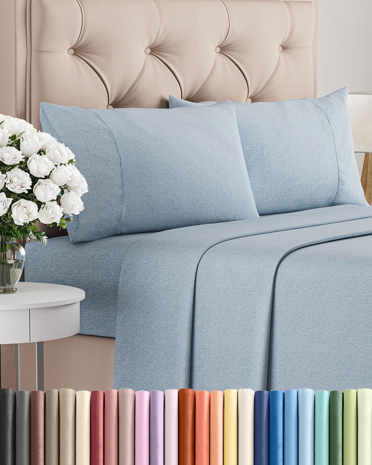 Skiennix Full Size 4-Piece Sheet Set - Comfy, Breathable & Cooling Luxury Bedding - Deep Pockets, Soft & Wrinkle-Free - Blue Heathered Design