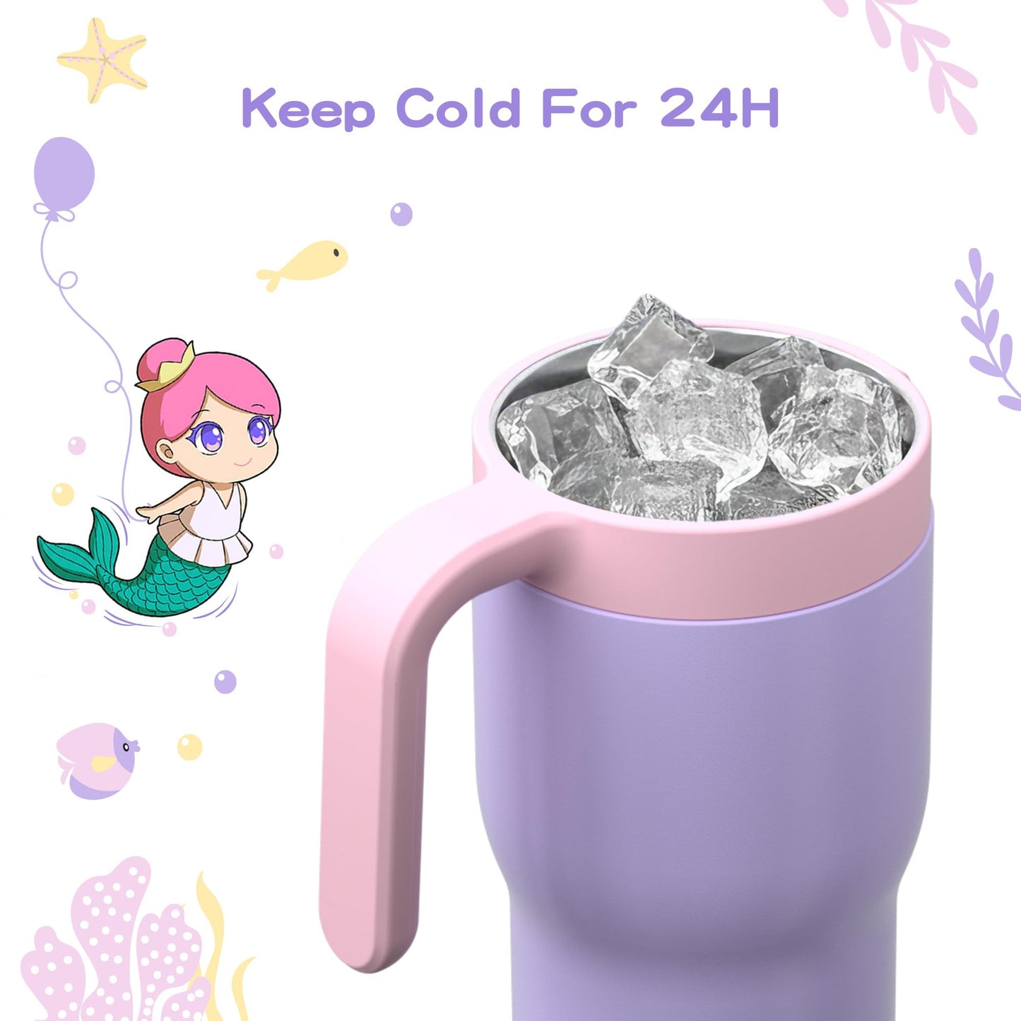 OISIZ 14oz Kids Tumbler with Straw Lid & Handle,Kids Cup with Animal Accessory for School,Kids Water Bottles with Dust-proof Cover,Leakproof Water Bottles,316 Stainless Steel,Keep Cold 24 Hours-purple