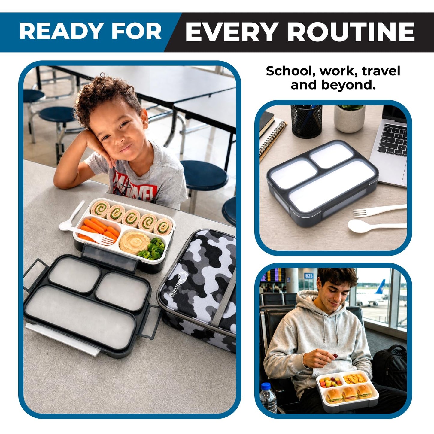 Bento Lunch Box Kids & Adults, Lunch and Snack Containers for Boys & Girls with 3 Compartments - School, Work Daycare, Meal Planning Portion Control Container, BPA-Free Boxes, Utensils, Blue 1 pack