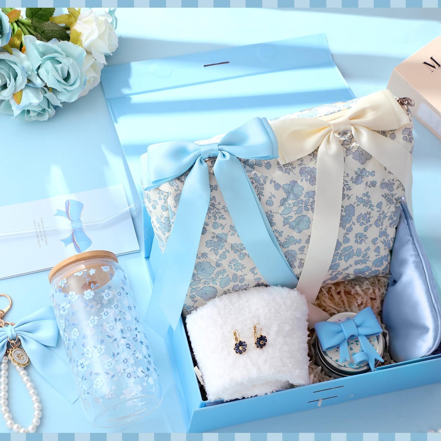 Skylety Blue Floral Gift Baskets for Teen Girls, Women Mothers Day Gifts Trendy Stuff Coquette Bow Teen Girl Self Care Birthday Box Gift for Her, Sister Friend Women Sweet 16th 18th 21st Box