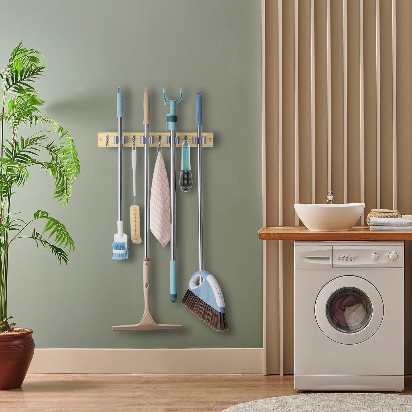 OUTNILI Mop and Broom Holder Wall Mount - Light Wood Organizer with 4 Slots & Hooks for Garage, Kitchen, Laundry Room