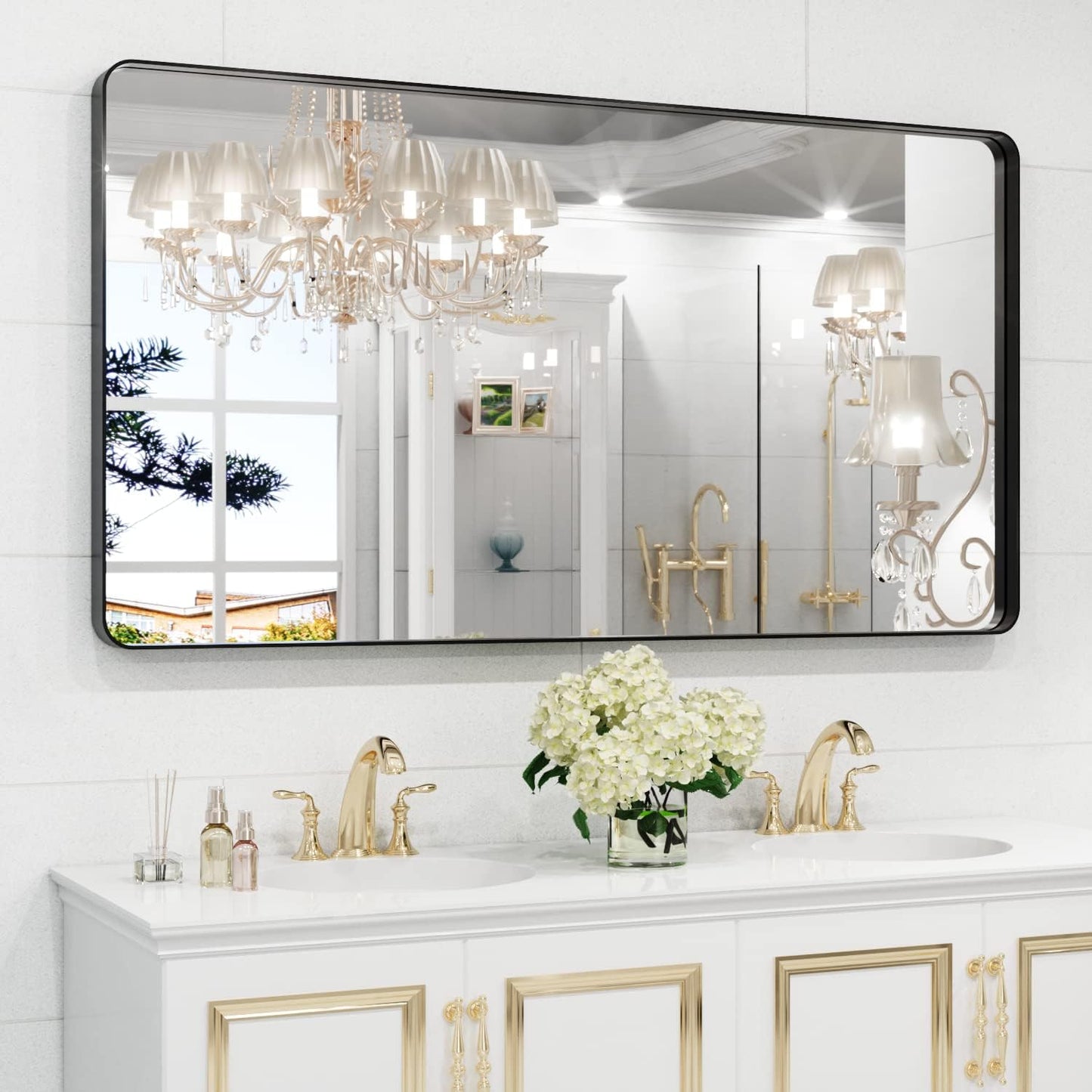WEER Black Metal Frame Bathroom Mirror - 55x30 Inch Rounded Rectangle | Anti-Rust Tempered Glass, Versatile Hanging Options