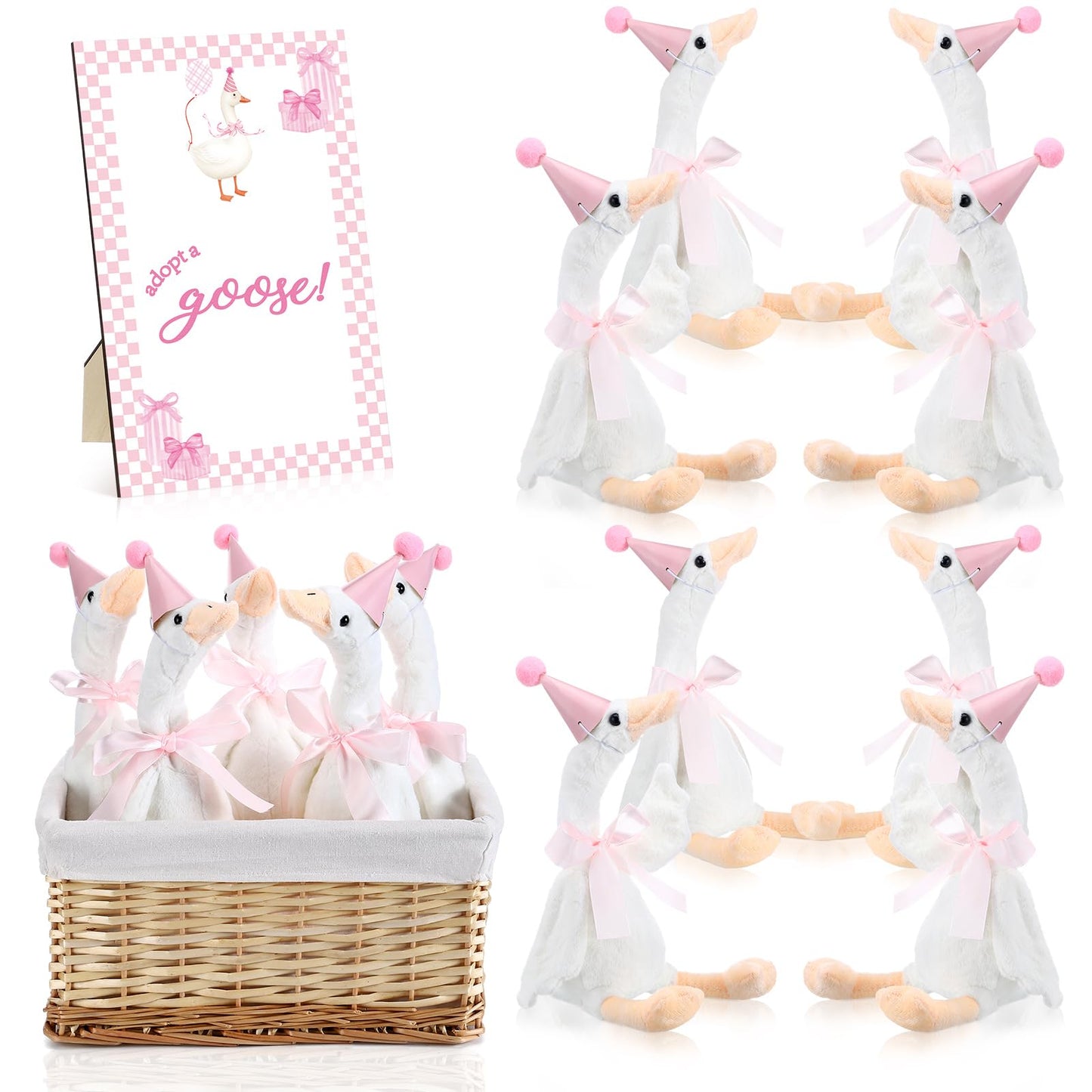 Blueweenly 8 Sets One Silly Goose Birthday Decoration 15.7 Inch Soft Silly Goose Stuffed Animal Hat with Wood Table Decor for Birthday Party Decoration