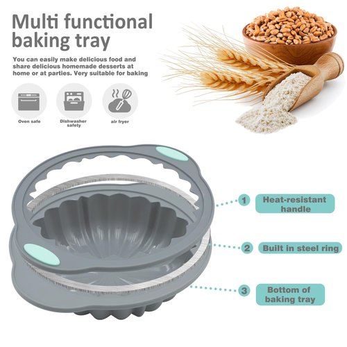 Jasybo 3-Piece Silicone Round Cake Pan Set, Metal-Frame Non-Stick Baking Trays, Jelly Molds, Non-Stick Grooved Cake Molds, Suitable for Breads, Meat Patties, Cakes, 5/7/9 Cups, Light Gray