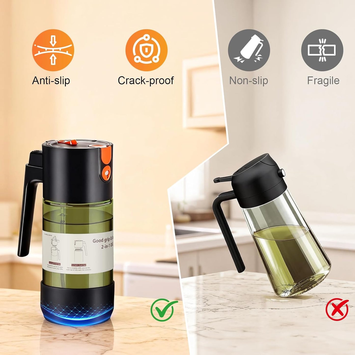 Skiennix 2-IN-1 Oil Sprayer - Light-Blocking Dark Glass Olive Oil Dispenser, 500ml for Cooking & BBQ | 2-Pack