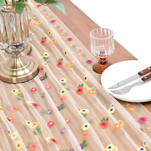 Joanlody Champagne Embroidery Daisy Spring Summer Table Runner 10ft Florals Seasonal Easter Tulle Table Runner Holiday Kitchen Dining Table Decoration for Home Party Indoor