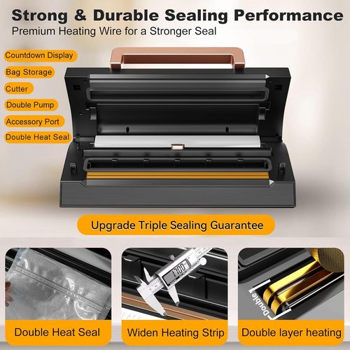 **Powerful Vacuum Sealer Machine by [Brand Name] - Commercial Grade with Double Heat Seal | Easy-Lock Handle & Built-in Cutter, Includes 2 Bag Rolls (Black)**
