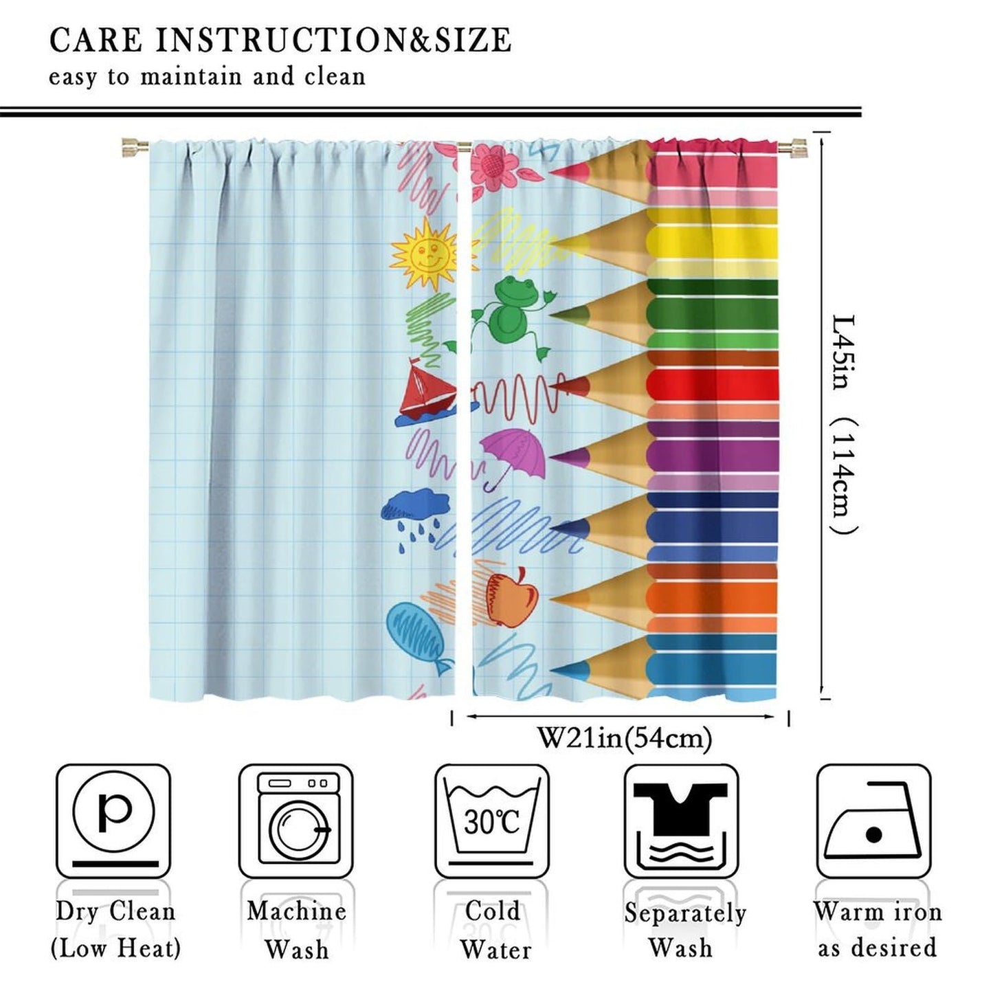 Children Pencil Curtains Cute Crayon Colourful Design Kids Boys Girls Curtain with Rod Pocket for Nursery Bedroom Home Drapes Window Treatments Set 2 Panels,42x45 Inches