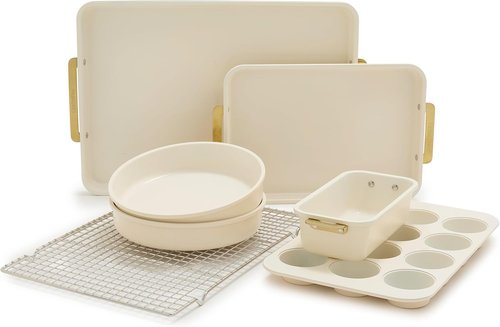 GreenPan Bakeware Set - 7 Piece Nonstick Ceramic Baking Set with Gold Handles | PFAS & BPA Free, Cream