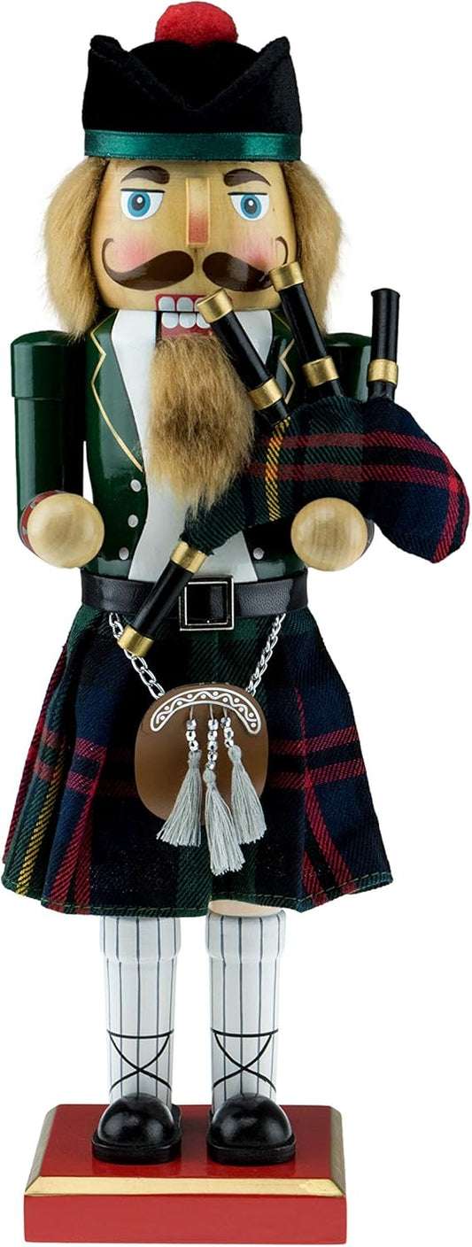 Clever Creations Green Scottish Bagpiper 12 Inch Traditional Wooden Nutcracker, Festive Christmas Décor for Shelves and Tables