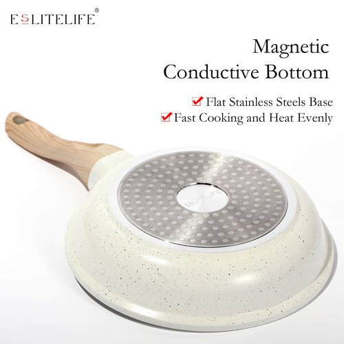 ESLITE LIFE Nonstick Ceramic Frying Pans Skillets Set with Lids, Non-Toxic Egg Omelette Kitchen Cooking Pans Compatible with All Stovetops (Gas, Electric & Induction), PTFE & PFOA Free (White)