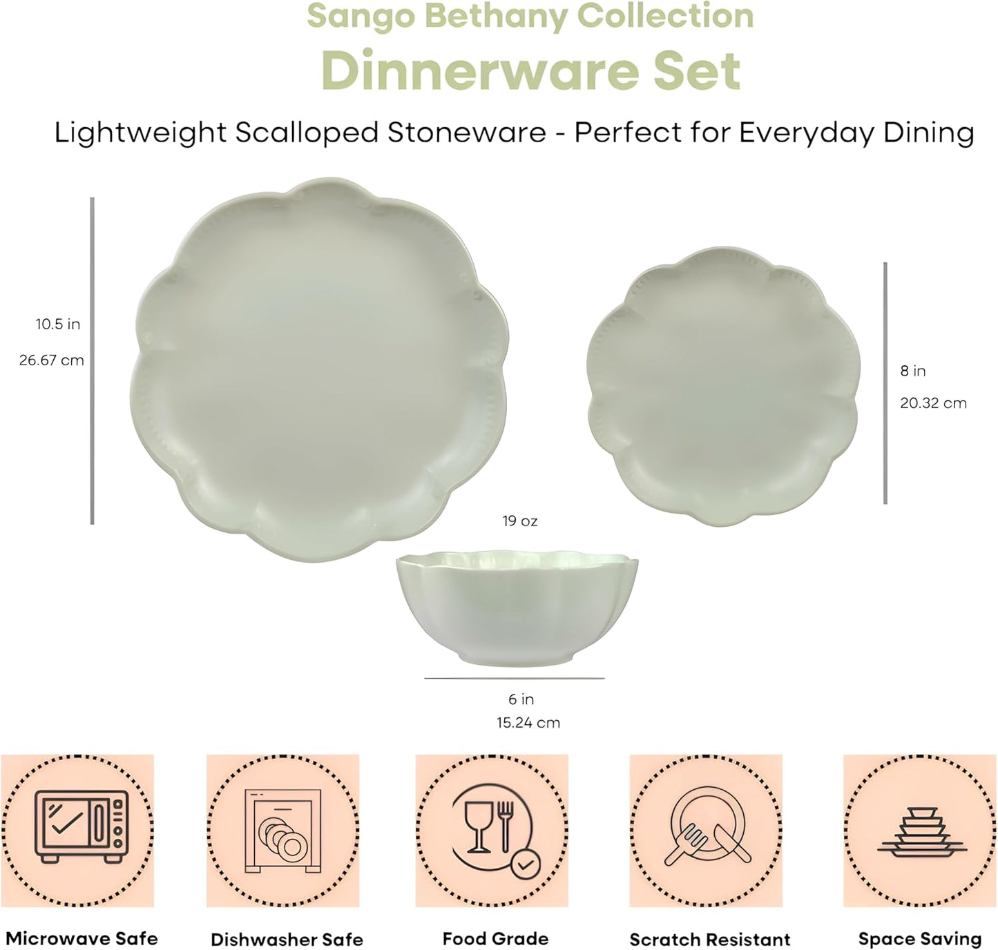 Sango 12-Piece Scalloped Dinnerware Set - Sage Green Ceramic Dishes for 4 | Chip Resistant & Dishwasher Safe