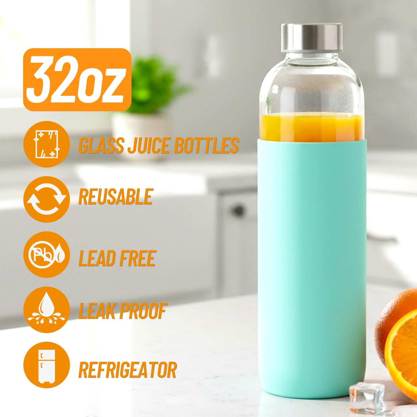 Luxfuel 32 oz Glass Juice Bottles with Lids and Silicone Sleeve, Reusable Refillable Water Bottles for Juicing, Refrigerator,100% Leak Proof, BPA Free, Clear Glass Set of 3
